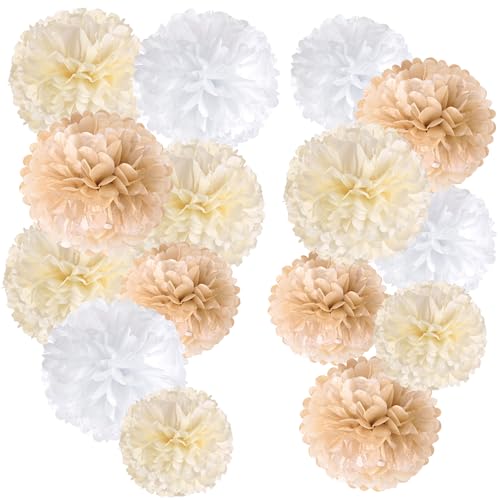 Easy Joy 15 Stück Party Dekoration Pompons Boho Deko Beige Braun Weiß Seidenpapier Pompom für Hochzeitsdeko, Geburtstag Party Deko, Babyparty Deko, Tischdeko Geburtstag von EASY JOY