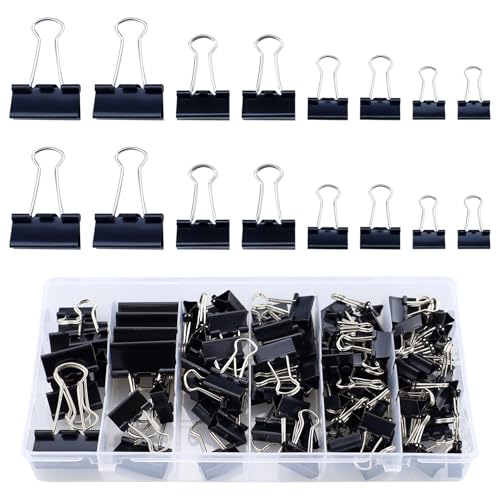 115 Stück Schwarz Foldback Klammern Set, 15 mm/ 19mm/ 25mm/ 32mm Papierklammern in Box, Binder Clips aus metall, Büroklammern Vielzweckklammern für Bürobedarf, Papier und Dokumente(Schwarz) von EASYKEENECOM