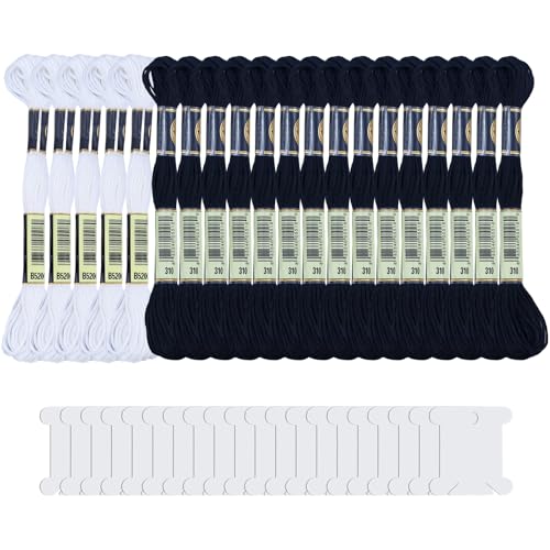 20 Stück Weiß Schwarze Stickgarn mit 20 Spulen, Stickerei Stickseide Schwarzes Kreuz Stichgarn Baumwolle Handarbei Fäden Nähen Basteln Fäden zum Stricken, Stickerei Nähen Projekte (Schwarz & Weiß) von EASYKEENECOM