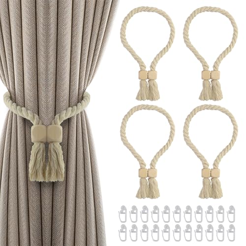 4 Stück Magnetische Vorhang Raffhalter mit 20 Gardinengleiter, Zugband Magnetisch Vorhang Raffhalter, Gardinenraffer aus Holz Boho, Handgemachte Vorhang Baumwollseil Tiebacks für Vorhang Deko (Beige) 4 Stück Magnetische Vorhang Raffhalter mit 20 Gardinengleiter, Zugband Magnetisch Vorhang Raffhalter, Gardinenraffer aus Holz Boho, Handgemachte Vorhang Baumwollseil Tiebacks für Vorhang Deko (Beige) von EASYKEENECOM