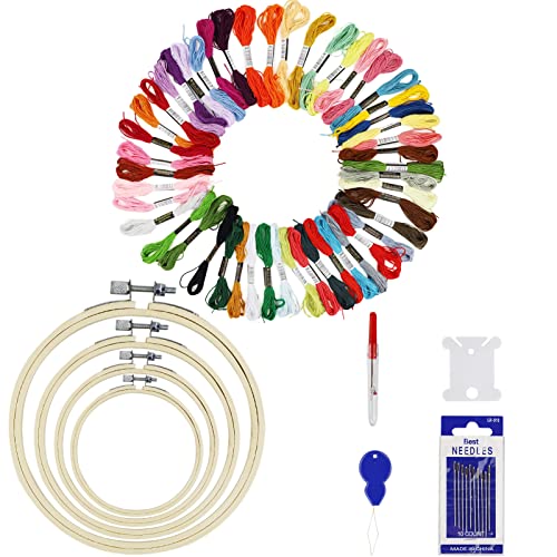 Stickerei Starter Kit, Sticken Set, 50 Farbfäden, 4 Stück Bambus Stickrahmen, Kreuzstich Tools für Erwachsene und Kinder Anfänger von EASYKEENECOM