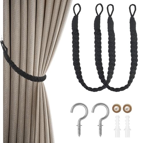 Vorhang Raffhalter, 2 Stück Schwarz Curtain Rope Buckle mit 2 Knöpfe, Handgestrickte Vorhang-Raffhalter, Baumwolle Vorhangbinder, Gardinen Raffhalter, Vorhänge Holdback für Wohnzimmer, Schlafzimmer Vorhang Raffhalter, 2 Stück Schwarz Curtain Rope Buckle mit 2 Knöpfe, Handgestrickte Vorhang-Raffhalter, Baumwolle Vorhangbinder, Gardinen Raffhalter, Vorhänge Holdback für Wohnzimmer, Schlafzimmer von EASYKEENECOM