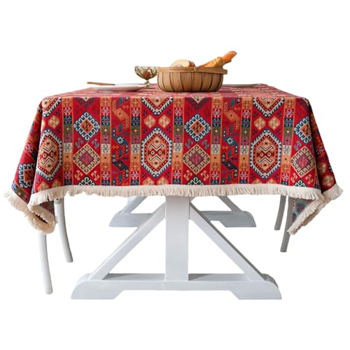Tischdecke Bohemian Vintage 100x140cm, Garten Tischdecke mit Quaste Rechteckige, Ethnische Kaffeetischdecke, Tafeltuch Abwischbar Fleckschutz für Feste Party Picknick Haushalt von EAZHOP