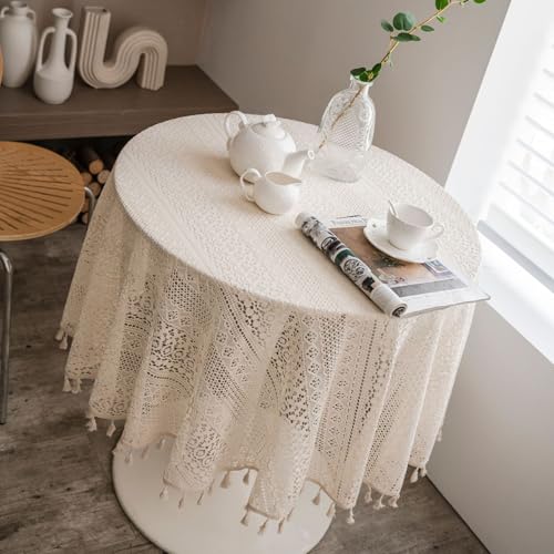 Weiße runde Tischdecke mit Quasten, 150 cm Durchmesser, abwaschbare Tischdecke mit Vintage-Spitze für Gärten, Restaurants, Partys und Festliche Dekorationen im Innen- und Außenbereich Weiße runde Tischdecke mit Quasten, 150 cm Durchmesser, abwaschbare Tischdecke mit Vintage-Spitze für Gärten, Restaurants, Partys und Festliche Dekorationen im Innen- und Außenbereich von EAZHOP