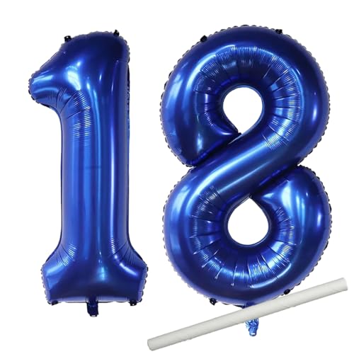 101,6 cm große Luftballons mit Strohhalm, 101,6 cm, Marineblau mit Strohhalm, 18 Ballon-Zahlen für Geburtstagsparty-Dekorationen und Zubehör, Jubiläums-Party-Dekor (Nummer 18) von EBAIJQUO