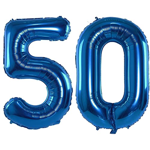 101,6 cm großer, blauer Heliumballon mit Zahl 50, selbstdichtend für Geburtstagsparty-Dekorationen und Jubiläums-Party-Dekor (Blau 50) von EBAIJQUO