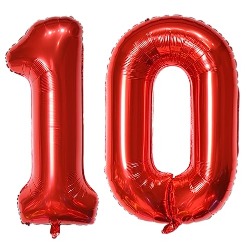 101,6 cm großer Ballon mit Zahl 10, selbstdichtend für Geburtstagsparty-Dekorationen und Jubiläums-Party-Dekoration (Rot 10) von EBAIJQUO