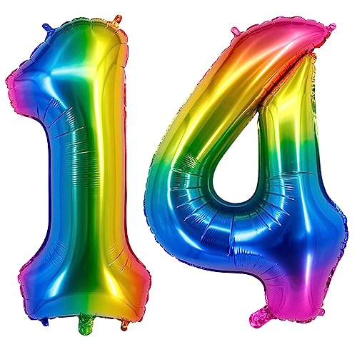101,6 cm großer Ballon mit Zahl 14, Heliumballon Zahl 14, selbstdichtend für Geburtstagsparty-Dekorationen und Jubiläums-Party-Dekoration, Regenbogen 14 von EBAIJQUO