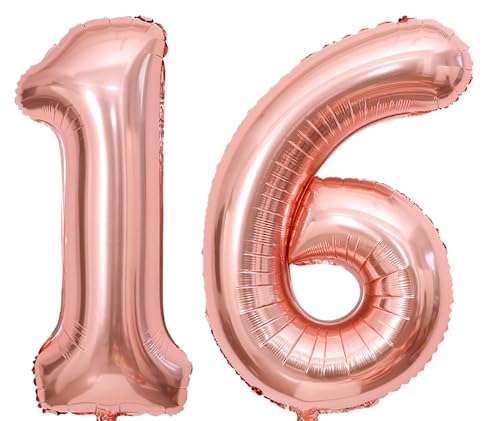 101,6 cm großer Ballon mit Zahl 16, Heliumballon Zahl 10, selbstdichtend für Geburtstagsparty-Dekorationen und Jubiläums-Party-Dekoration (Roségold16) von EBAIJQUO