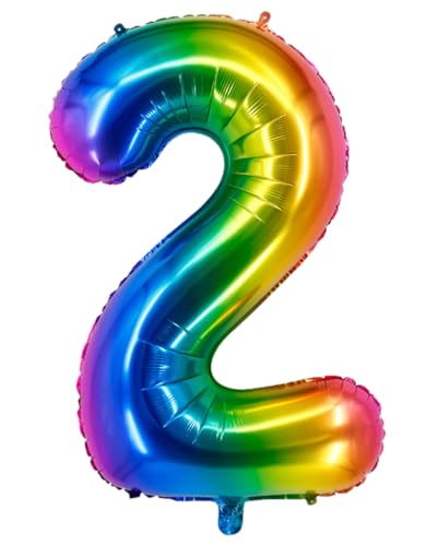 101,6 cm großer Ballon mit Zahl 2, Heliumballon, Zahl 2, selbstdichtend für Geburtstagsparty-Dekorationen und Jubiläums-Party-Dekoration, Regenbogen 2 von EBAIJQUO
