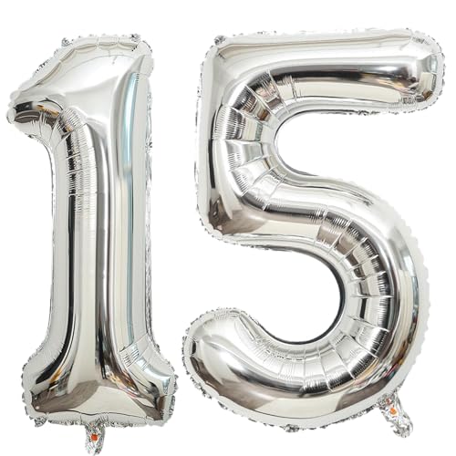 101,6 cm großer Luftballon, Zahl Silber, Helium, Zahlenballon, selbstdichtend für Geburtstagsparty-Dekorationen und Jubiläums-Party-Dekor (Silber 15) von EBAIJQUO