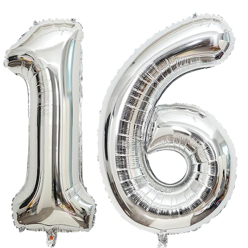 101,6 cm großer Luftballon, Zahl Silber, Helium, Zahlenballon, selbstdichtend für Geburtstagsparty-Dekorationen und Jubiläums-Party-Dekor (Silber 16) von EBAIJQUO
