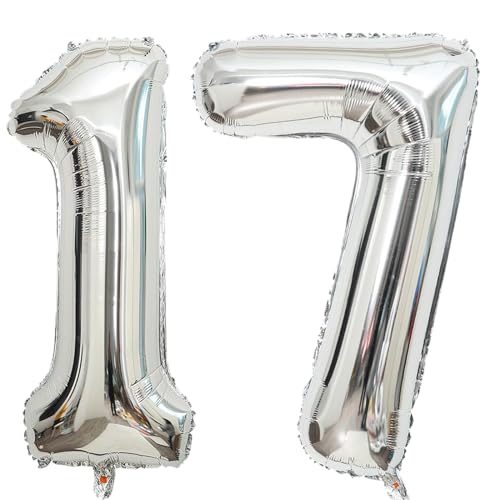101,6 cm großer Luftballon, Zahl Silber, Helium, Zahlenballon, selbstdichtend für Geburtstagsparty-Dekorationen und Jubiläums-Party-Dekor (Silber 17) von EBAIJQUO