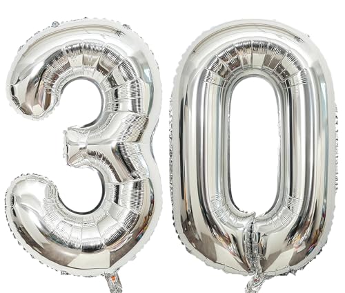 101,6 cm großer Luftballon, Zahl Silber, Helium, Zahlenballon, selbstdichtend für Geburtstagsparty-Dekorationen und Jubiläums-Party-Dekor (Silber 30) von EBAIJQUO