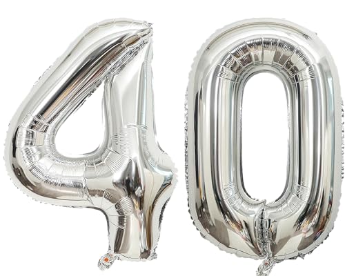 101,6 cm großer Luftballon, Zahl Silber, Helium, Zahlenballon, selbstdichtend für Geburtstagsparty-Dekorationen und Jubiläums-Party-Dekor (Silber 40) von EBAIJQUO