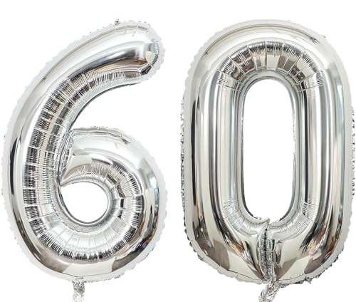 101,6 cm großer Luftballon, Zahl Silber, Helium, Zahlenballon, selbstdichtend für Geburtstagsparty-Dekorationen und Jubiläums-Party-Dekor (Silber 60) von EBAIJQUO