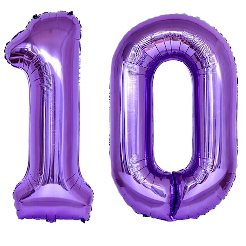 101,6 cm großer Luftballon mit Zahl 10, Zahl 10, selbstdichtend für Geburtstagsparty-Dekorationen und Jubiläums-Party-Dekoration (Violett 10) von EBAIJQUO