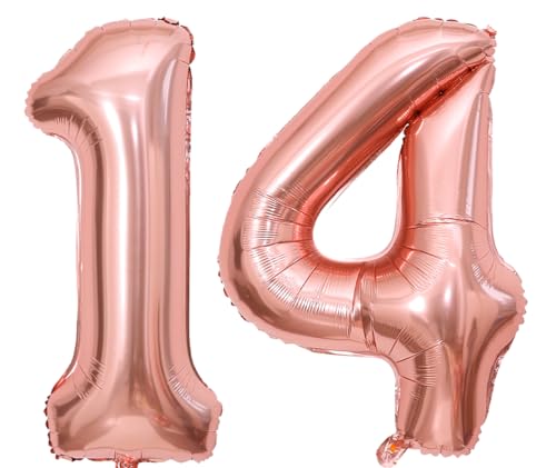 101,6 cm großer Luftballon mit Zahl 14, Zahl 14, selbstdichtend für Geburtstagsparty-Dekorationen und Jubiläums-Party-Dekoration (Roségold14) von EBAIJQUO