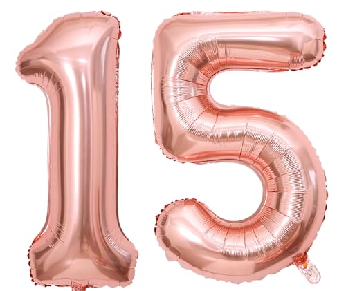 101,6 cm großer Luftballon mit Zahl 15, Zahl 15, selbstdichtend für Geburtstagsparty-Dekorationen und Jubiläums-Party-Dekoration (Roségold15) von EBAIJQUO