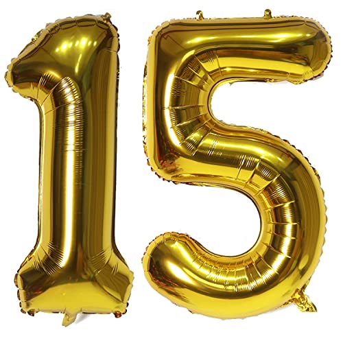 101,6 cm großer Luftballon mit Zahl 15, selbstdichtend für Geburtstagsparty-Dekorationen und Jubiläums-Party-Dekoration (Gold 15) von EBAIJQUO