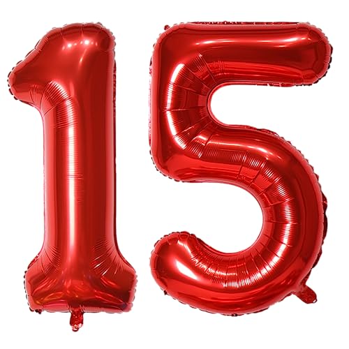 101,6 cm großer Luftballon mit Zahl 15, selbstdichtend für Geburtstagsparty-Dekorationen und Jubiläums-Party-Dekoration (Rot 15) von EBAIJQUO