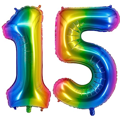 40inch 15 Ballonzahlen Regenbogen Zahl 15 Ballons selbstversiegelnd für Geburtstagsdekorationen und Jubiläumsparty-Dekor (Rainbow15) von EBAIJQUO