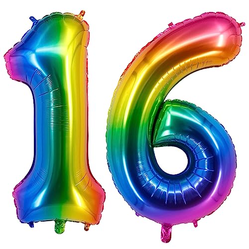 40inch 16 Ballonzahlen Regenbogen Zahl 16 Ballons selbstversiegelnd für Geburtstagsdekorationen und Jubiläumsparty-Dekor (Rainbow16) von EBAIJQUO