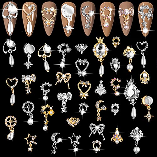 36 Stück Luxus Nail Art Strass, EBANKU 3D Glänzend Nail Art Charms Diamanten Metall Nagel Schmuck Nail Beauty Design Charms Gold Silber Herz Perle Kristall Edelsteine für Mädchen Frauen von EBANKU