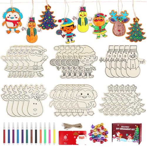 EBANKU 30PCS Holz Weihnachten Deko, Weihnachtsbaum Anhänger Christbaumschmuck Weihnachtsanhänger mit Aquarellstiften, Jingle Bells und Lanyards für Weihnachtsbaum DIY Dekoration von EBANKU