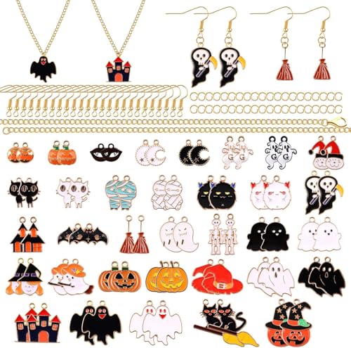 EBANKU 70 Stück Halloween Charms für die Schmuckherstellung, Legierungs Charms Anhänger mit 100 Stück Ohrhaken und 5 Stück Halskette, Kürbis-Geist-Ornament für Schmuck, Armband, Halskette, Basteln EBANKU 70 Stück Halloween Charms für die Schmuckherstellung, Legierungs Charms Anhänger mit 100 Stück Ohrhaken und 5 Stück Halskette, Kürbis-Geist-Ornament für Schmuck, Armband, Halskette, Basteln von EBANKU