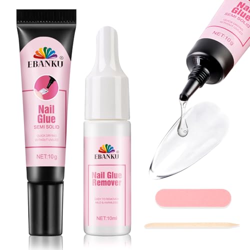 EBANKU Fester Nagelkleber mit Nagelkleber Entferner Set, Extra Stark Kleber für Press On Nails, NO UV Needed Curing, 10ml Gel Nagel Entferner für künstliche Acrylnägel EBANKU Fester Nagelkleber mit Nagelkleber Entferner Set, Extra Stark Kleber für Press On Nails, NO UV Needed Curing, 10ml Gel Nagel Entferner für künstliche Acrylnägel von EBANKU