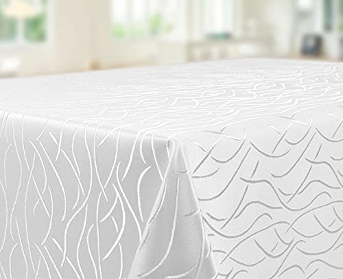 Tischdecke | Weiß-Eckig-130x220cm | Tafeldecke | Tischtuch | Streifen-Wellen-Muster | Damast | Seidenglanz | Pflegeleicht | Schmutzabweisend | Farbe und Größe wählbar von EBD