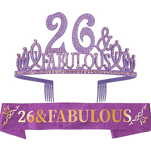 Tiara zum 26. Geburtstag und Schärpe, violett, 26. Geburtstag, Party-Zubehör, Satin-Schärpe, Kristall-Tiara, Geburtstagskrone für 26. Geburtstag von EBE EmmasbyEmma