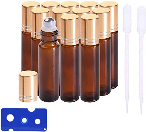 EBETA 12 Stück 10ml Ätherische Öle Roller Flaschen Braun Bernstein Glasflaschen Edelstahl Roller Bällen für aromaöl und duftöl nachfüllbares (Trichter, Flaschenöffner, Pipetten) von EBETA