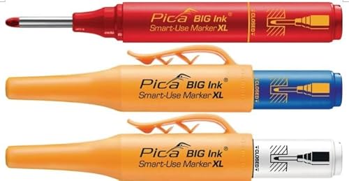 EBH-SET Pica BIG Ink Smart-Use Marker XL rot/blau/weiß (kräftige Markierungen, für glatte + trockene Oberflächen geeignet, inklusive Köcherschoner) 170/41 von EBH