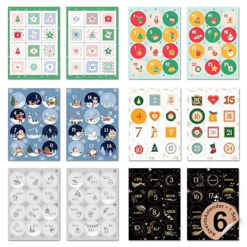 Adventskalender Zahlen Aufkleber & Sticker 1–24 – 6x24 Stück für DIY Adventskalender Tüten zum Befüllen – rund & quadratisch (Ø 4 cm) – Kreativ basteln mit Kindern & Erwachsenen von ECCK