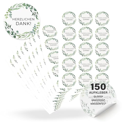 ECCK Danke Aufkleber rund “Herzlichen Dank” (150 Stück) - Dankeschön Sticker für Hochzeit, Geburtstag, Konfirmation, Kommunion, Muttertag, Lehrerin, Erzieherin - Deko für Karten, Geschenke, Mitgebsel von ECCK