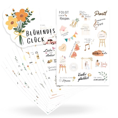 ECCK Sticker Hochzeit Gästebuch (12 DIN A5 Bögen), Hochzeitssticker Set mit Aufkleber Hochzeit für Gästebuch, Tischkarten, Scrapbook & Fotoalbum mit Liebe, Vintage & Herz-Motiven auf Deutsch von ECCK