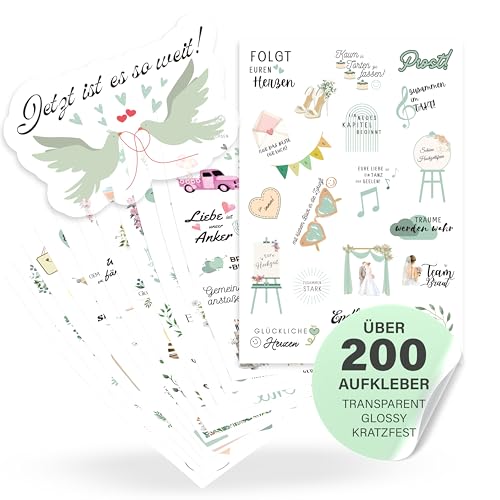 ECCK Sticker Hochzeit Gästebuch (12 DIN A5 Bögen), Hochzeitssticker Set mit Aufkleber Hochzeit für Gästebuch, Tischkarten, Scrapbook & Fotoalbum mit Liebe, Vintage & Herz-Motiven auf Deutsch von ECCK
