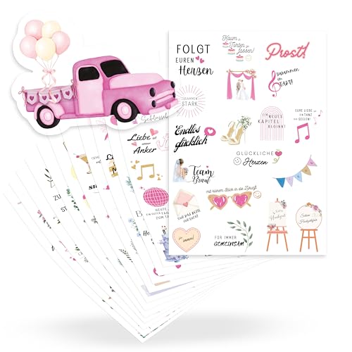 ECCK Sticker Hochzeit Gästebuch (12 DIN A5 Bögen), Hochzeitssticker Set mit Aufkleber Hochzeit für Gästebuch, Tischkarten, Scrapbook & Fotoalbum mit Liebe, Vintage & Herz-Motiven auf Deutsch von ECCK