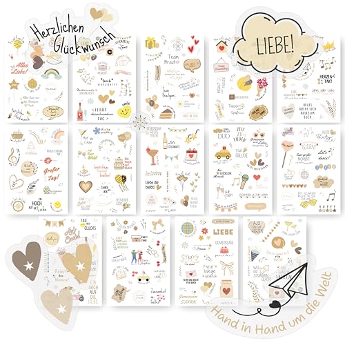 Sticker Hochzeit Gästebuch (14x A5, 281 Sticker) – Hochzeitsaufkleber Set mit deutschen Texten & Herz-Motiven – für Gästebuch, Scrapbook, Karten, Namenskärtchen & Hochzeitsdeko Tisch, JGA Deko Frauen von ECCK