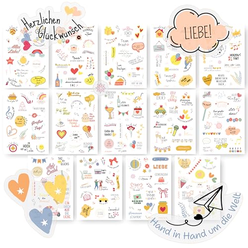 Sticker Hochzeit Gästebuch (14x A5, 281 Sticker) – Hochzeitsaufkleber Set mit deutschen Texten & Herz-Motiven – für Gästebuch, Scrapbook, Karten, Namenskärtchen & Hochzeitsdeko Tisch, JGA Deko Frauen von ECCK