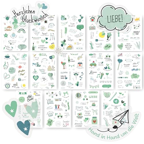 Sticker Hochzeit Gästebuch (14x A5, 281 Sticker) – Hochzeitsaufkleber Set mitdeutschen Texten & Herz-Motiven – für Gästebuch, Scrapbook, Karten, Namenskärtchen & Hochzeitsdeko Tisch, JGA Deko Frauen von ECCK