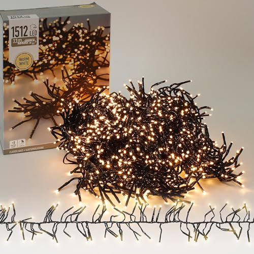 ECD Germany LED Cluster Lichterkette 11m, 1512 LEDs Warmweiß, mit Timer und 8 Leuchtmodi, strombetrieb, IP44 Innen/Außen, Weihnachtsbeleuchtung Weihnachtsbaum Büschel Lichterkette Büschellichterkette von ECD Germany