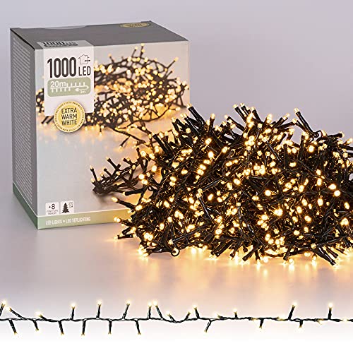 ECD Germany LED Cluster Lichterkette 20m Länge, 1000 LEDs Extra Warmweiß, 3m Stromkabel, IP44, Clusterlichterkette Büschellichterkette für Weihnachten Weihnachtsbaum Weihnachtsbeleuchtung, Innen/Außen von ECD Germany