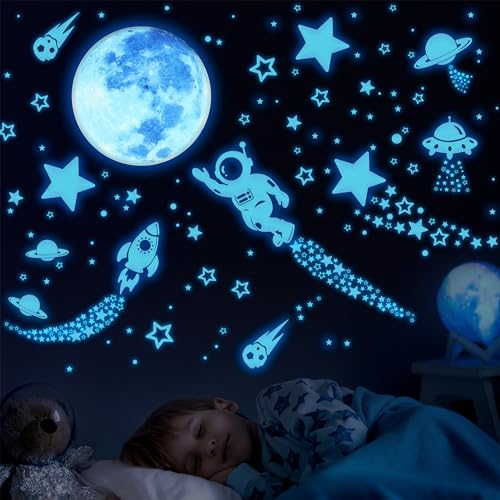 ECHOCUBE 1503 Stück leuchtende Sterne Mond Sternenhimmel Aufkleber Kinderzimmer,Leuchtsterne Fluoreszierend Wandaufkleber,Leuchtaufkleber Wanddeko Deckendeko Für Baby Schlafzimmer Deko (Blau) von ECHOCUBE