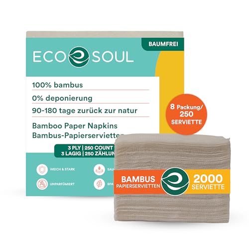 ECO SOUL 100% Bamboo Premium 3 Ply Paper Napkin 2000 Count | 8 Pack of 250 | Eco Friendly Disposable Paper Napkins, Compostable Everyday Hand Paper Napkin von ECO SOUL