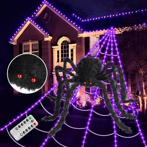 Hellere Spinnennetz Lichter,Halloween Deko Outdoor,250 Violette LED Lichter,5x5M Langes Spinnennetz mit 1.2m Riesenspinne,8 Modi, Timer und Speicherfunktion,Halloween Deko Spinnennetz Garten Party von ECOHDT