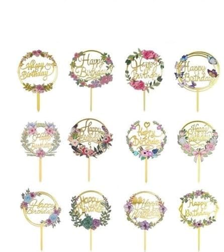 Artikelmaße 12pcs Happy Birthday Cake Toppers, Blume Acryl Gold Birthday Party Cupcake Dekorationen Artikelmaße 12pcs Happy Birthday Cake Toppers, Blume Acryl Gold Birthday Party Cupcake Dekorationen von ECOJEN