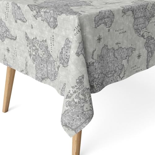 ECOMMERC3 Fleckabweisende Tischdecke für rechteckigen Tisch, Größe 200x140 cm | Schmutzabweisende Tischdecke, extra weich und wasserdicht, MAPAMUNDI GRAU von ECOMMERC3